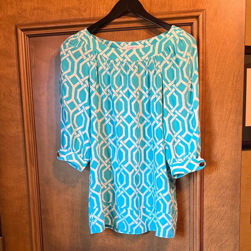 Alice & Trixie Turquoise Silk Geometric Blouse